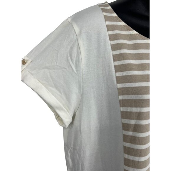 Anne Klein Women Blouse Top XL Stripe White Tan Khaki Short Sleeve Scoop New - Picture 4 of 9